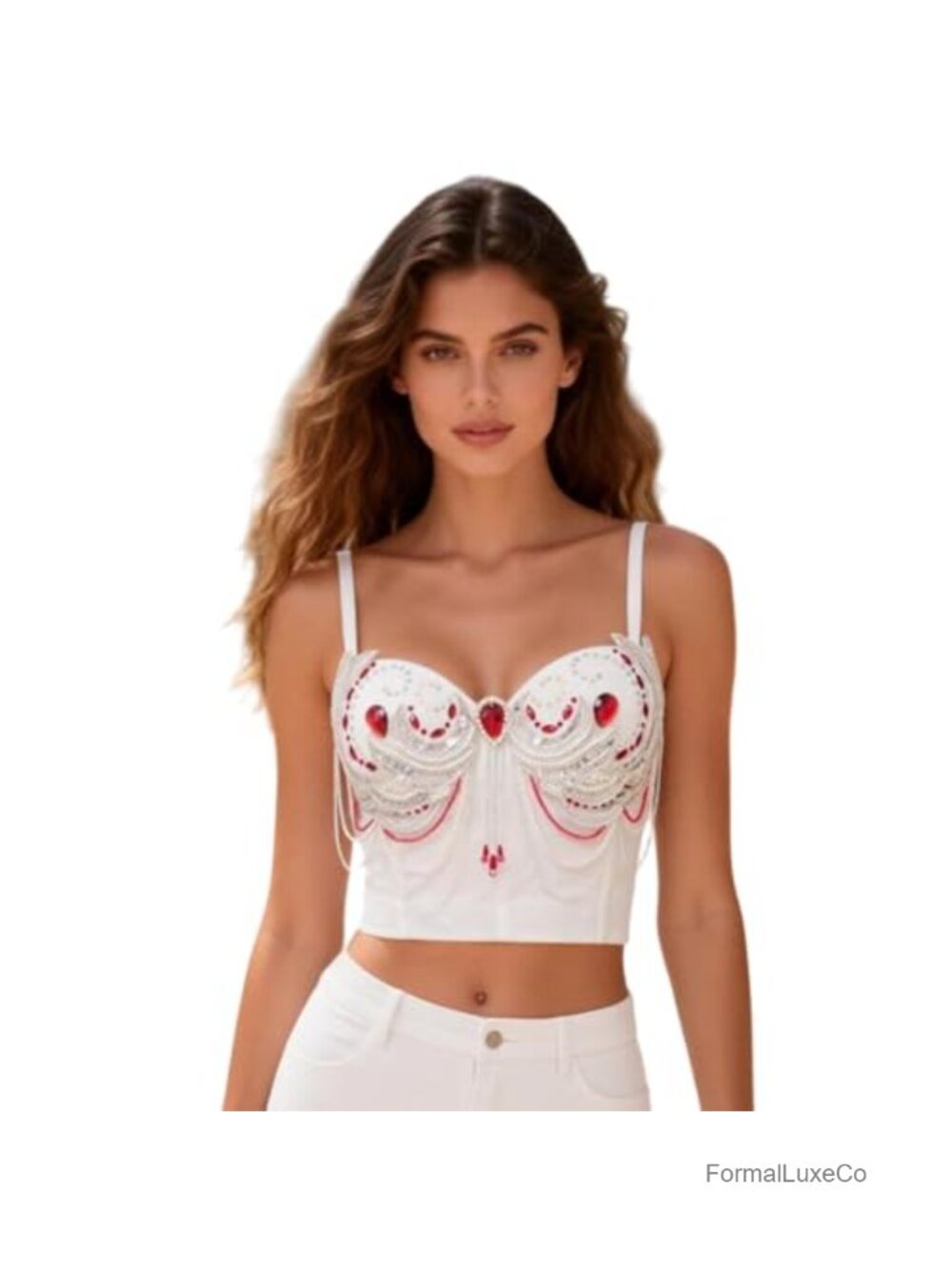 Handmade Beaded Bustier Crop Top Red Gemstone Pearl Tassel Dance Top